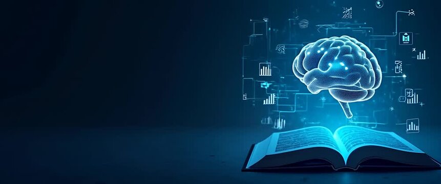 Open book with holographic brain gently pulsing, camera slowly pans across digital icons floating around, in a cinematic, futuristic style, highlighting innovation and technology.