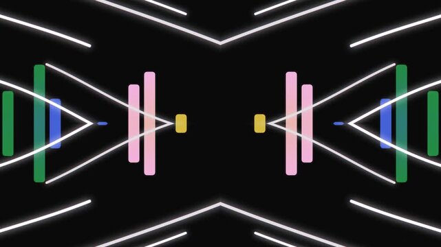 Mesmerizing abstract digital sound wave visualization with glowing symmetrical bars and futuristic neon lines, creating an energetic and dynamic visual experience on a dark background, perfect for mod