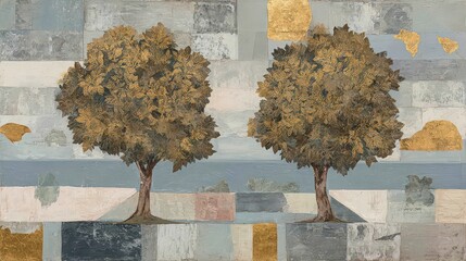 Golden Trees Illustration on Blue Beige Patchwork Background with Glittering Accents in Horizontal Composition Elegant Nature Theme