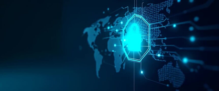 Futuristic cybersecurity concept with digital padlock icon pulses over a world map; slow camera pan highlights global data protection in a sleek, cinematic style.