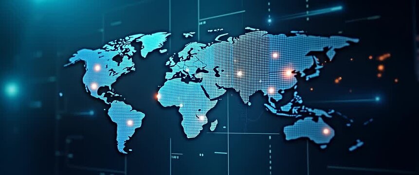 Dynamic digital map with glowing data points, gently pulsing; camera slowly pans across the world map in a cinematic, tech-inspired style, emphasizing global connectivity.