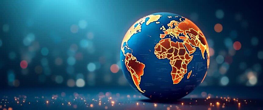 Glowing Earth rotates gracefully in a cinematic night scene, with soft bokeh lights flickering gently and the camera slowly panning, highlighting global connectivity and technological innovation.