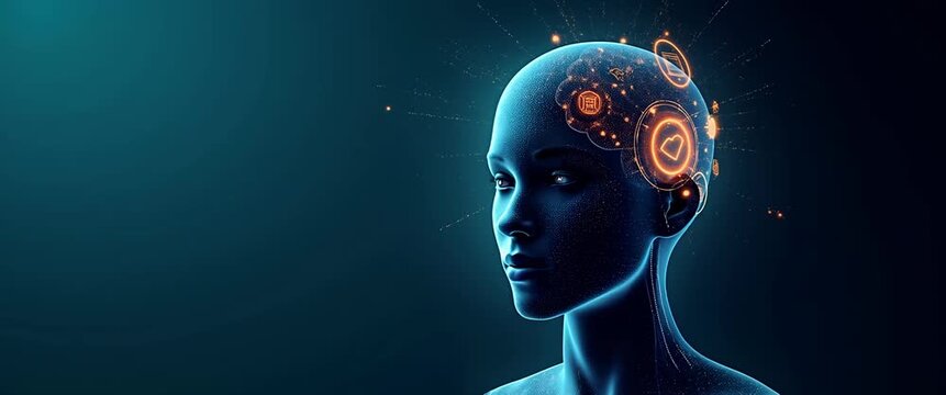 Futuristic AI head with glowing interface icons slowly rotates against a dark background as the camera gently pans, creating a cinematic visualization of artificial intelligence and technology.