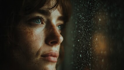 Woman with Freckles Gazer Out Rain Covered Window