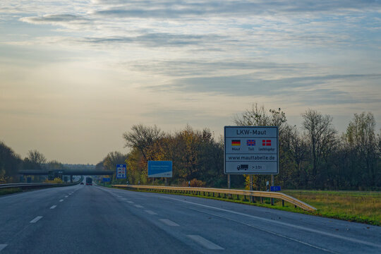 Truck Toll Sign on E45 Near Padborg Denmark Germany Border A7