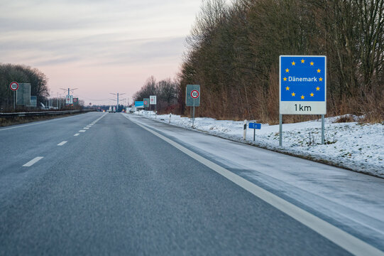 European Union Sign Denmark 1 km Near Padborg Border in Winter