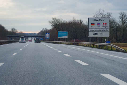 Truck Toll Sign Near Padborg Border Crossing on A7 E45 Highway