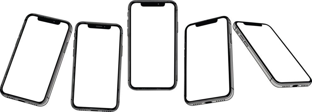 Smartphone mockup outline vector set showing multiple phone angles for mobile app presentation, UI design, and interface layouts