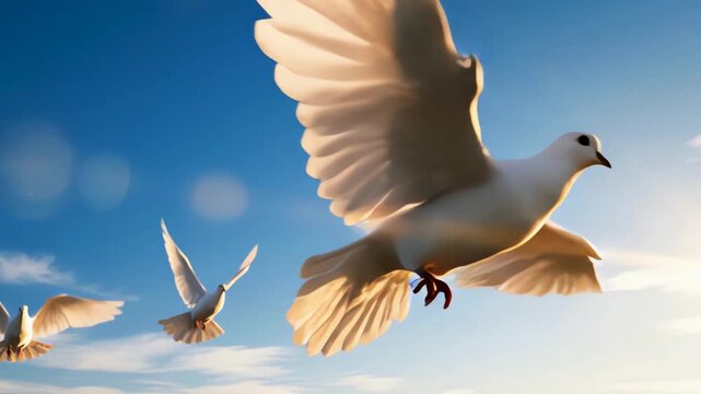 Graceful White Doves Soaring Freely Across a Vibrant Blue Sky, Wings Spread Wide in Golden Sunlight