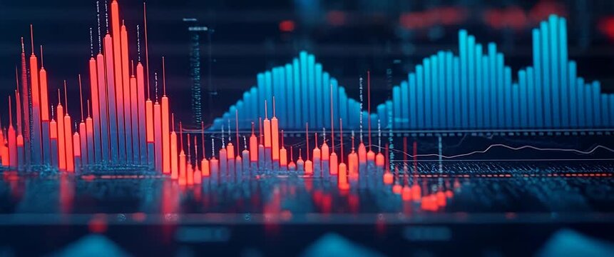 Cinematic stock market data animation with dynamic motion of fluctuating graphs, camera slowly panning across vibrant digital landscape, showcasing financial analytics and economic trends.