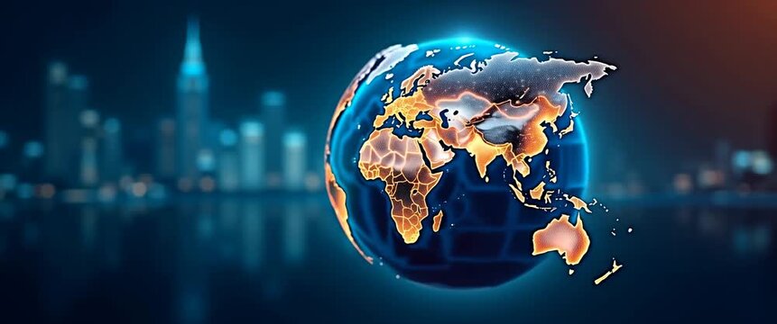 Illuminated world map rotates slowly against a futuristic city skyline, with a gentle camera pan and subtle city lights flicker, creating a cinematic and global perspective.