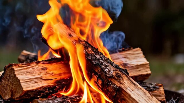Burning wood logs with flames