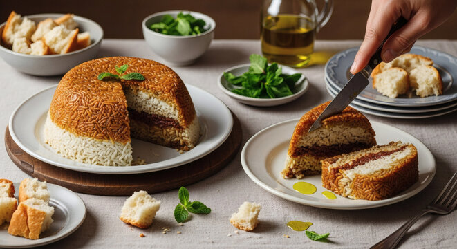 Authentic Maqluba Rice Layers With Roasted Vegetables On Rustic Table