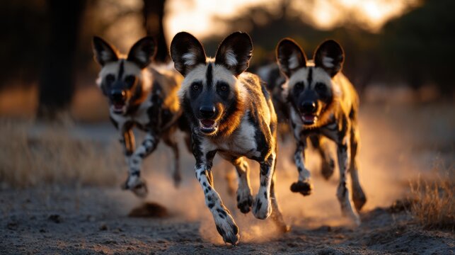 A pack of African wild dogs hunting at dawn