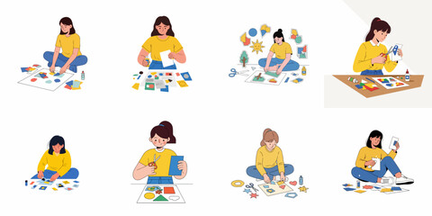 Fototapeta premium Collection of illustrations featuring young women creating art, collages, and craft projects using colored paper, scissors, and glue.