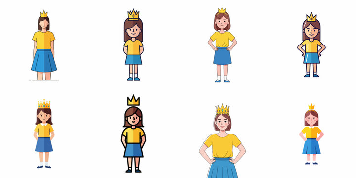 Collection of vector illustrations featuring girls wearing crowns in various cartoon styles, representing self-esteem and modern royalty concepts.