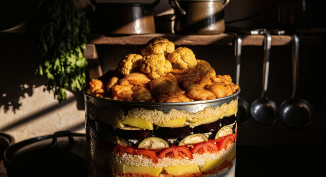 Maqluba Traditional Layered Rice With Chicken And Vegetables In Rustic Pot