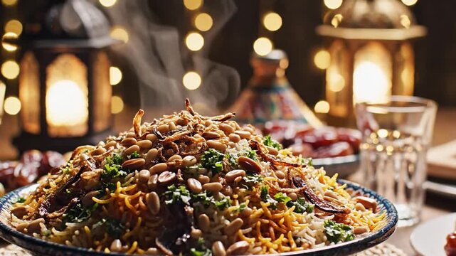 Authentic Middle Eastern Mandi or Biryani rice, steaming and adorned with nuts, served for Iftar during Ramadan or Eid celebrations, symbolizing cultural tradition, family unity, and festive dining.