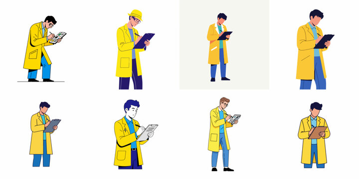 Eight vector illustrations of male professionals in yellow coats inspecting, reviewing, and writing on clipboards for inspection, science, or construction concepts.