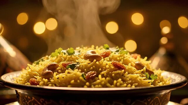 Close-up of steaming hot basmati biryani with cashews, raisins, and herbs in a traditional bowl against a bokeh light background. Authentic Indian and Middle Eastern gourmet dish for festive dining.