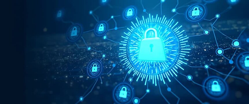 Glowing digital lock icon rotates slowly in a futuristic cyber network tunnel as the camera tracks steadily forward, with ambient light flickers creating a cinematic, secure data atmosphere.