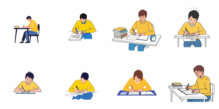 Collection of male students studying, writing, taking notes, or doing homework under academic pressure, isolated on white background. 