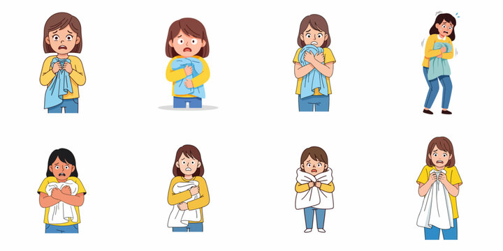 Set of illustrations showing a fearful woman clutching a towel or blanket, depicting panic, anxiety, trauma, and emotional stress in various poses.