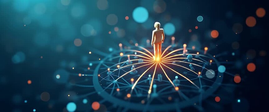 Futuristic cinematic animation of a person standing confidently on a glowing network hub, with gentle ambient light motion and a slow camera pan, emphasizing innovation and connectivity.