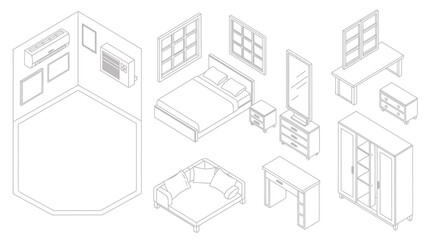Fototapeta premium Isometric illustration showing a modular interior room with beds, desks, shelves and layout components.