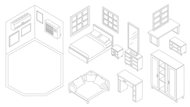 Isometric illustration showing a modular interior room with beds, desks, shelves and layout components.