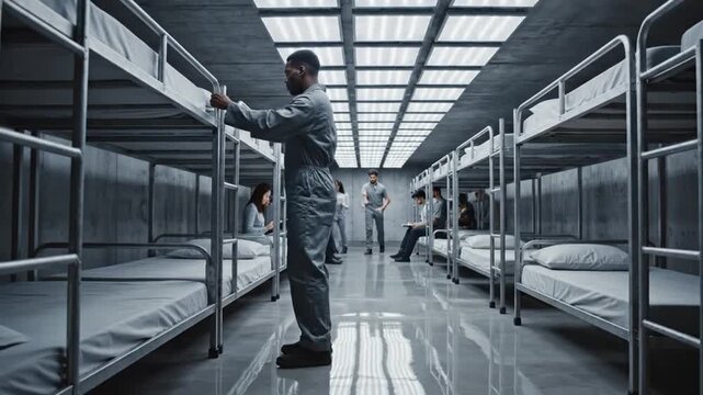 Diverse people sitting on bunk beds in a sterile dormitory room