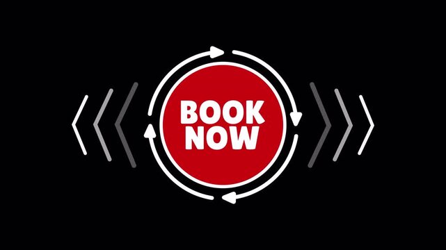 book now round red button with circular rotating arrows reservation service promotion animation.