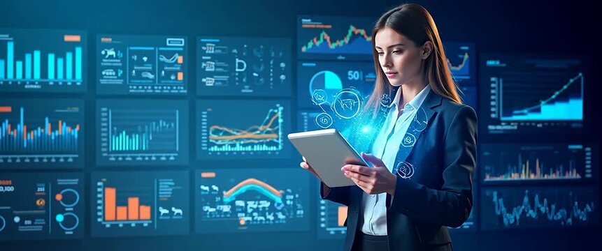 Businesswoman analyzes digital data on a tablet, surrounded by dynamic infographics; camera pans slowly in a modern, cinematic style, with ambient screen flicker adding depth.