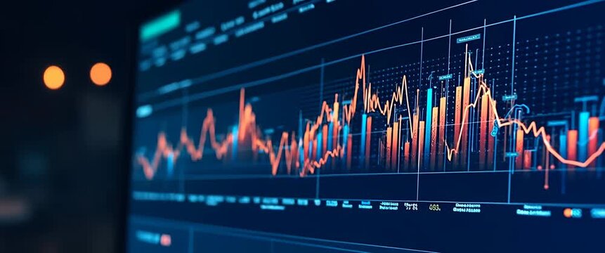 Dynamic financial data visualization glows on a digital screen, as the camera slowly pans, capturing ambient office lights flickering in a cinematic style, ideal for financial technology themes.