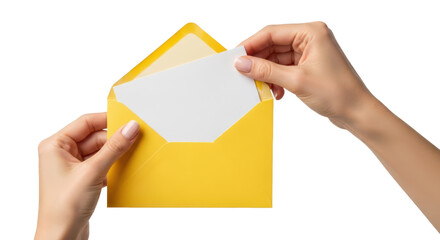 Woman's hands inserting a blank white card into a bright yellow envelope. Isolated on transparent background, png
