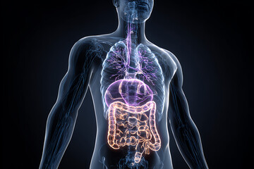 Human digestive system anatomy highlighted inside transparent body