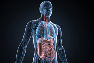 Human digestive system anatomy highlighted inside transparent body