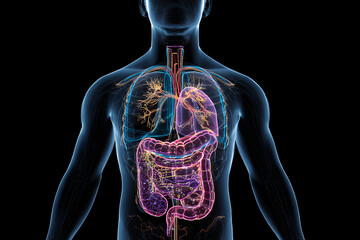 Human digestive system anatomy highlighted inside transparent body