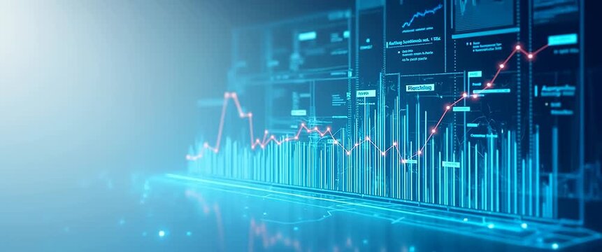Dynamic financial graph data visualization with glowing lines, featuring gentle upward motion; camera executes a slow pan across digital interface, creating a futuristic, cinematic ambience.