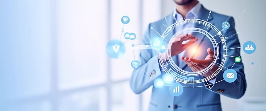 Business professional interacts with digital technology interface, holographic icons orbiting in dynamic motion; camera slowly tracks left, ambient light flickers in a cinematic style.