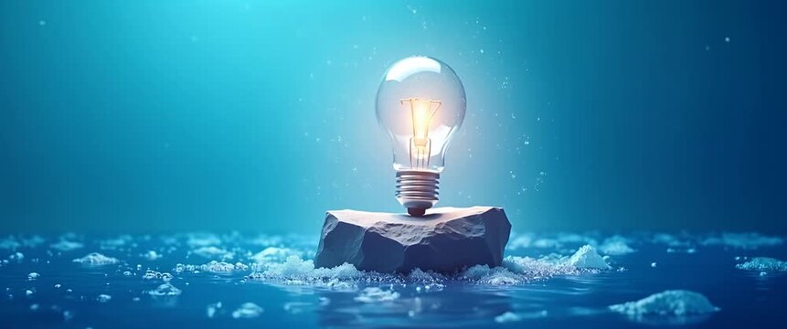 A solitary light bulb gently flickers atop a rock in a serene water landscape; the camera slowly pans across the scene, capturing an ambient, cinematic exploration of innovation and tranquility.