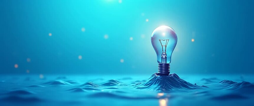 Glowing light bulb floats on gentle ocean waves as camera slowly pans, capturing ambient sparkles in a serene, cinematic style, symbolizing innovation and inspiration.