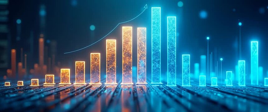 Futuristic digital bar chart glows as data pulses, with a slow camera pan across a cybernetic landscape; cinematic style enhances financial growth and technology innovation themes.