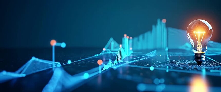 Illuminated light bulb glows amid digital data lines, gentle flicker reflecting innovation; camera slowly pans across a futuristic, cinematic tech landscape, highlighting innovation and technology.