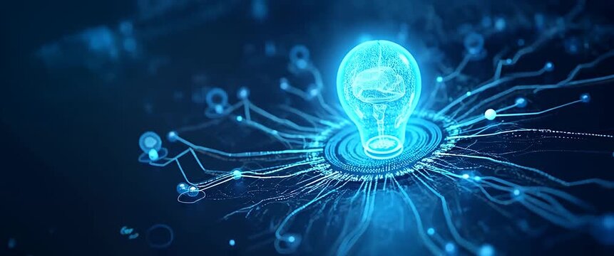 Futuristic light bulb pulses with energy, surrounded by dynamic circuit lines, as the camera slowly pans across a digital landscape in a cinematic, high-tech style.