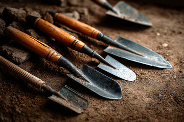 Set of vintage gardening tools on soil background