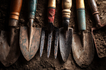 Set of vintage gardening tools on soil background
