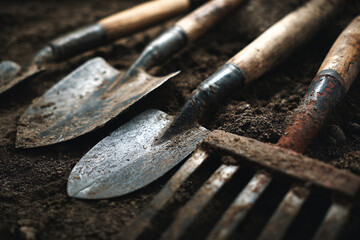 Set of vintage gardening tools on soil background