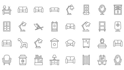 Obraz premium Collection of gray line icons representing home furniture and objects.