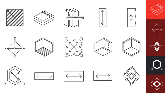 Collection of geometric shapes and isometric wireframe icons for design and illustration.